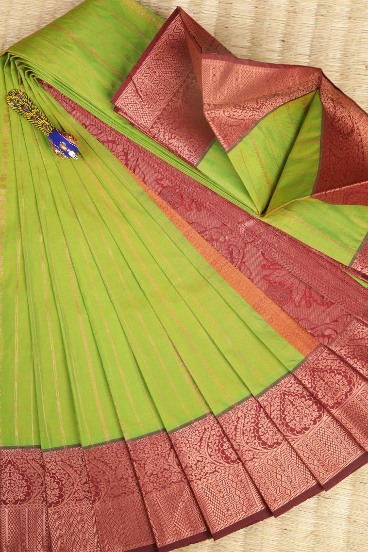 Lime Green Visiri Madippu Silk Sarees with Copper Zari Stripes view 1