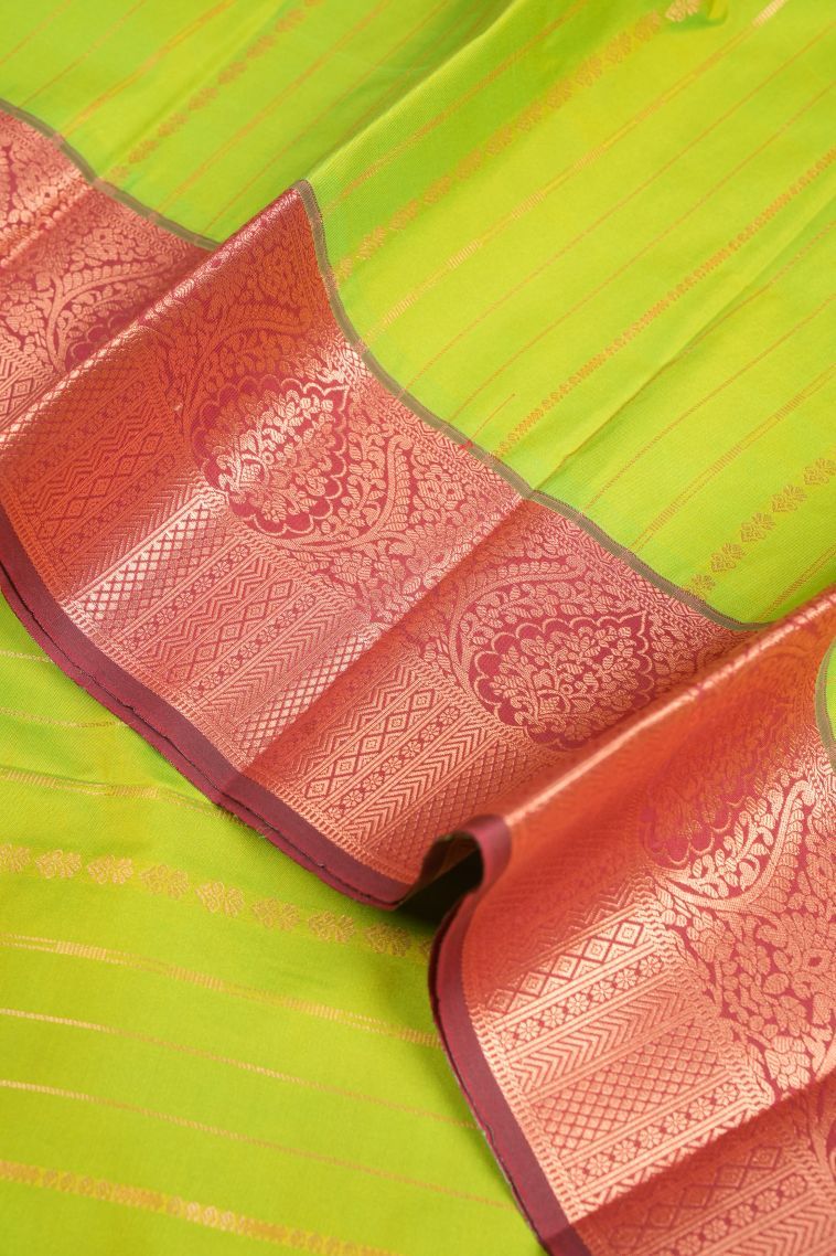 Lime Green Visiri Madippu Silk Sarees with Copper Zari Stripes view 4