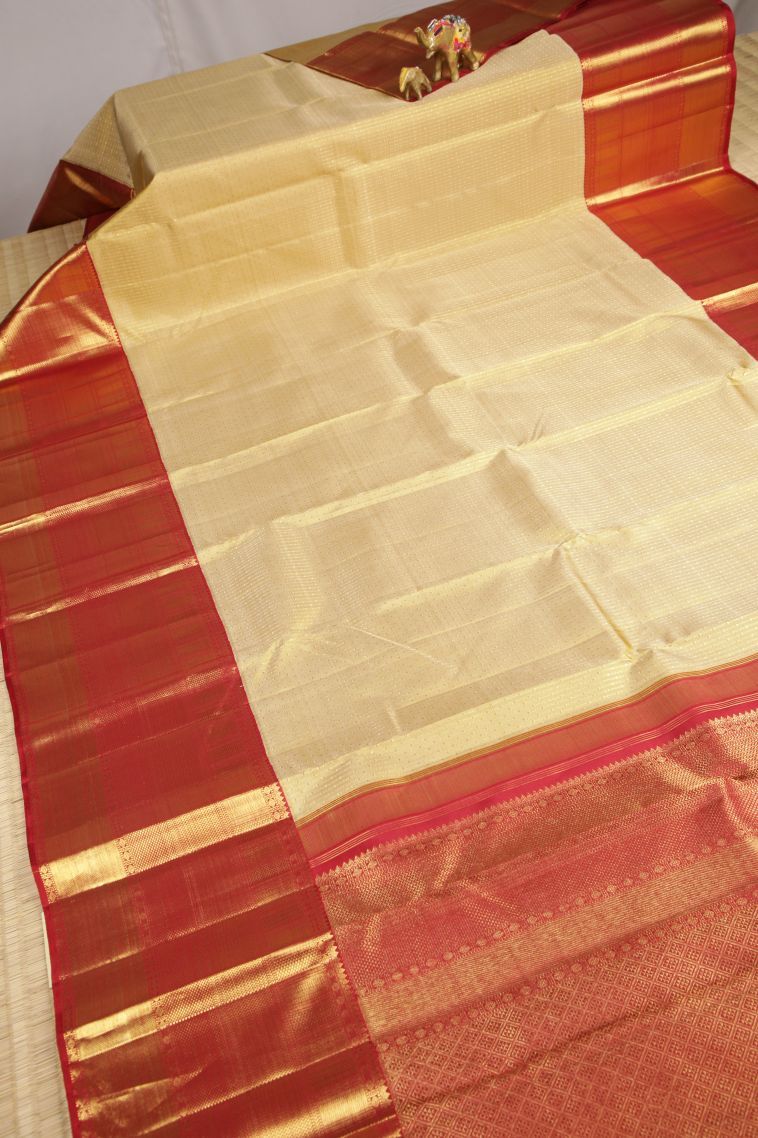 Cream White Kanchipuram Silk Sarees with Gold Zari Stripes view 2