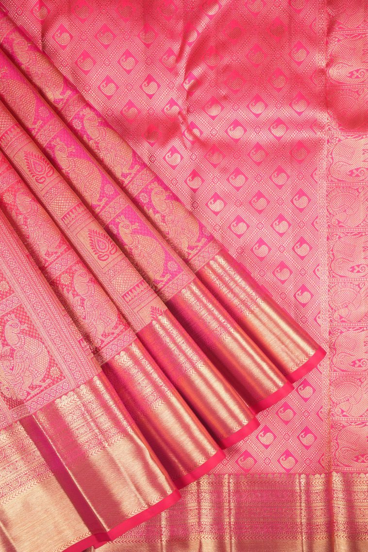 Rose  Red Kanchipuram Silk Sarees with Gold Zari Floral Patterns view 1
