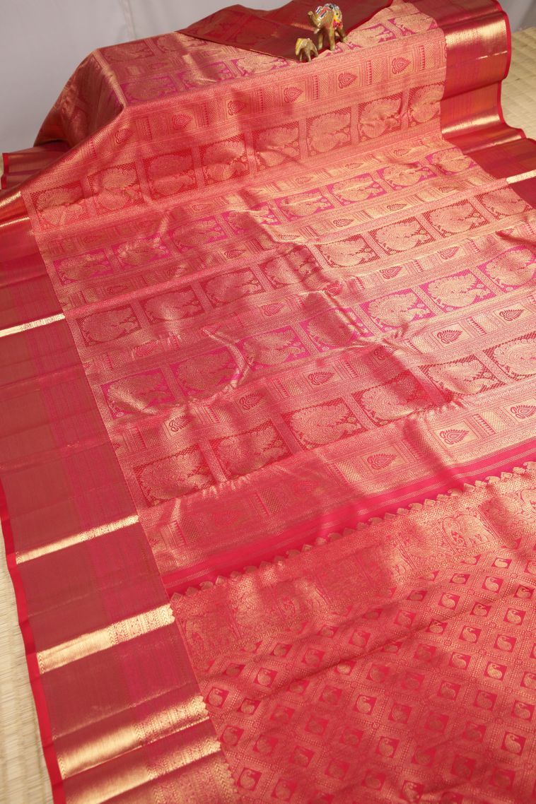 Rose  Red Kanchipuram Silk Sarees with Gold Zari Floral Patterns view 2