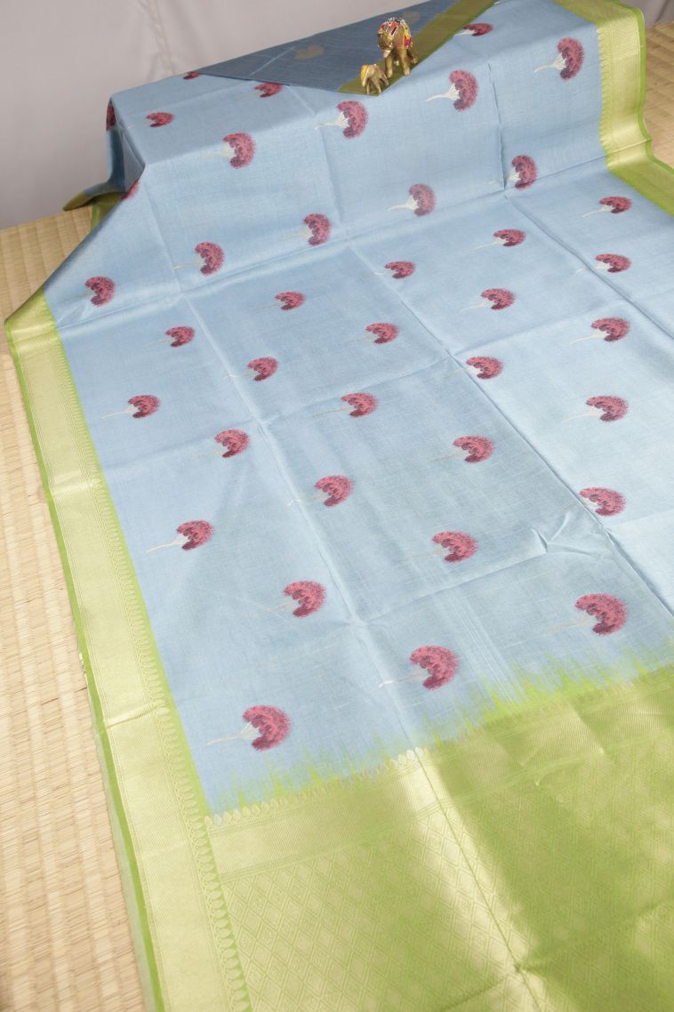 Sky Blue Tussar Saree with Silver Zari Buttis (small Dots Or Motifs) view 2