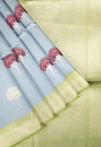 Sky Blue Tussar Saree with Silver Zari Buttis (small Dots Or Motifs)
