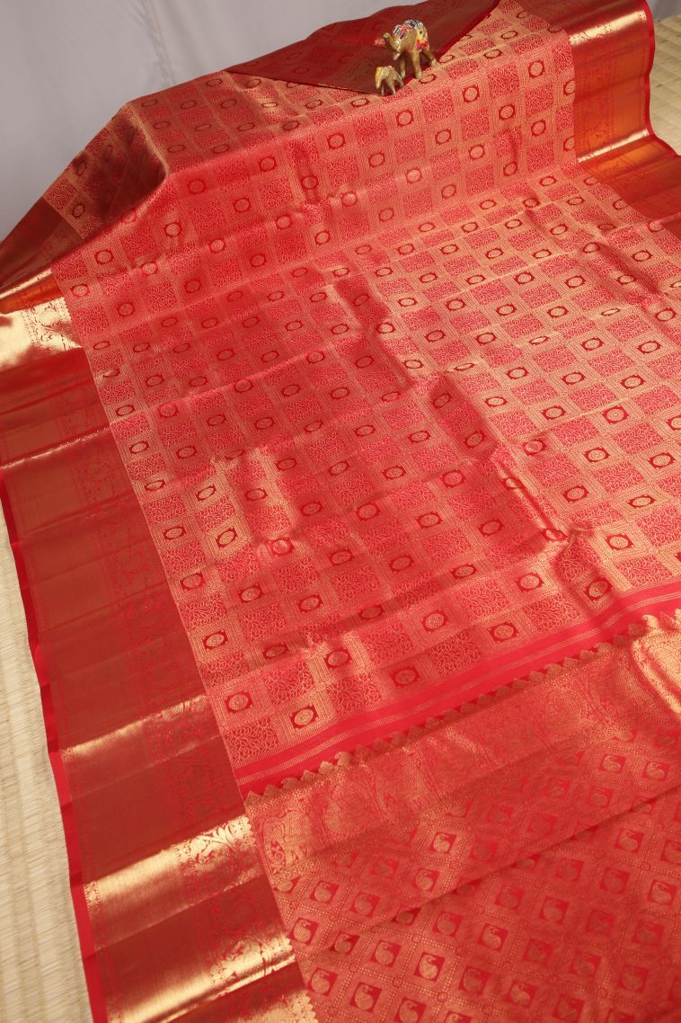 Candy Red Kanchipuram Silk Sarees with Gold Zari Floral Patterns view 2