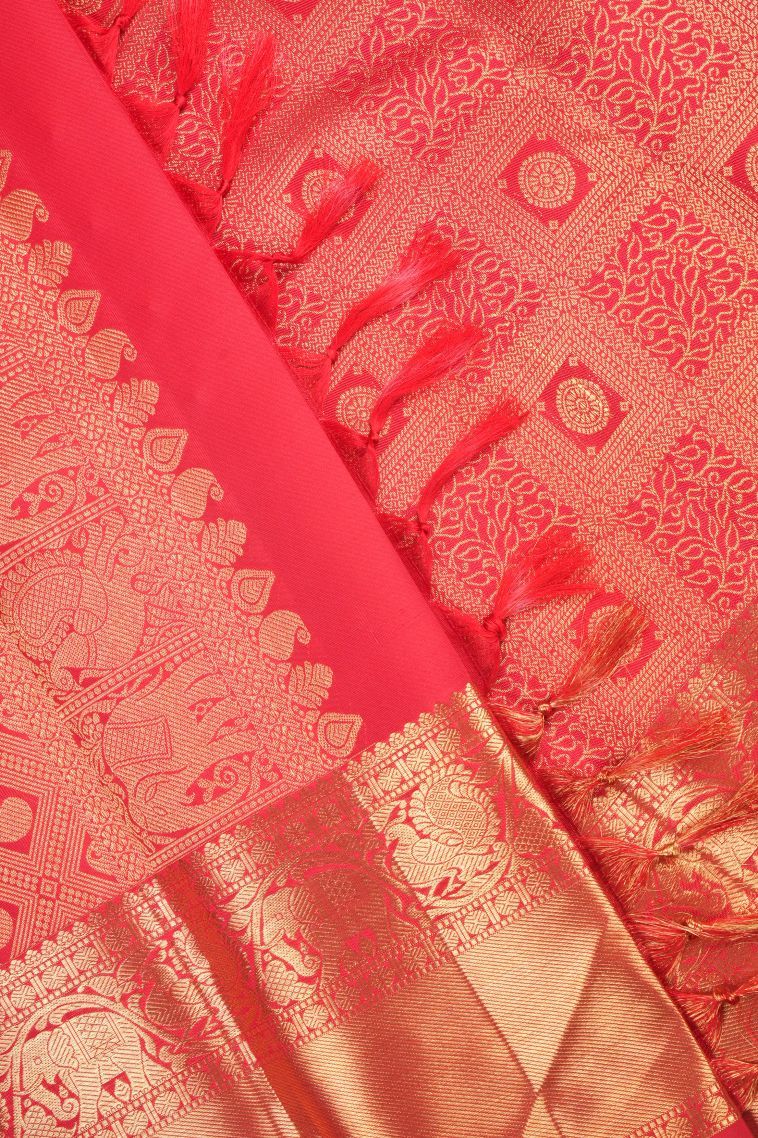 Candy Red Kanchipuram Silk Sarees with Gold Zari Floral Patterns view 4