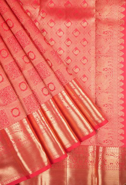 Candy Red Kanchipuram Silk Sarees with Gold Zari Floral Patterns