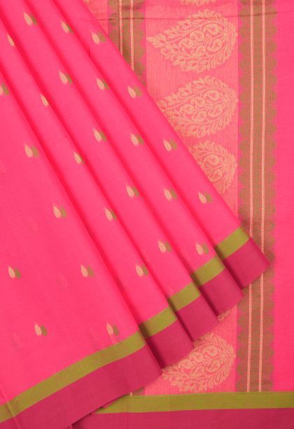 Punch Pink Kovai Cotton Sarees with Without Zari Zari Buttis (small Dots Or Motifs)
