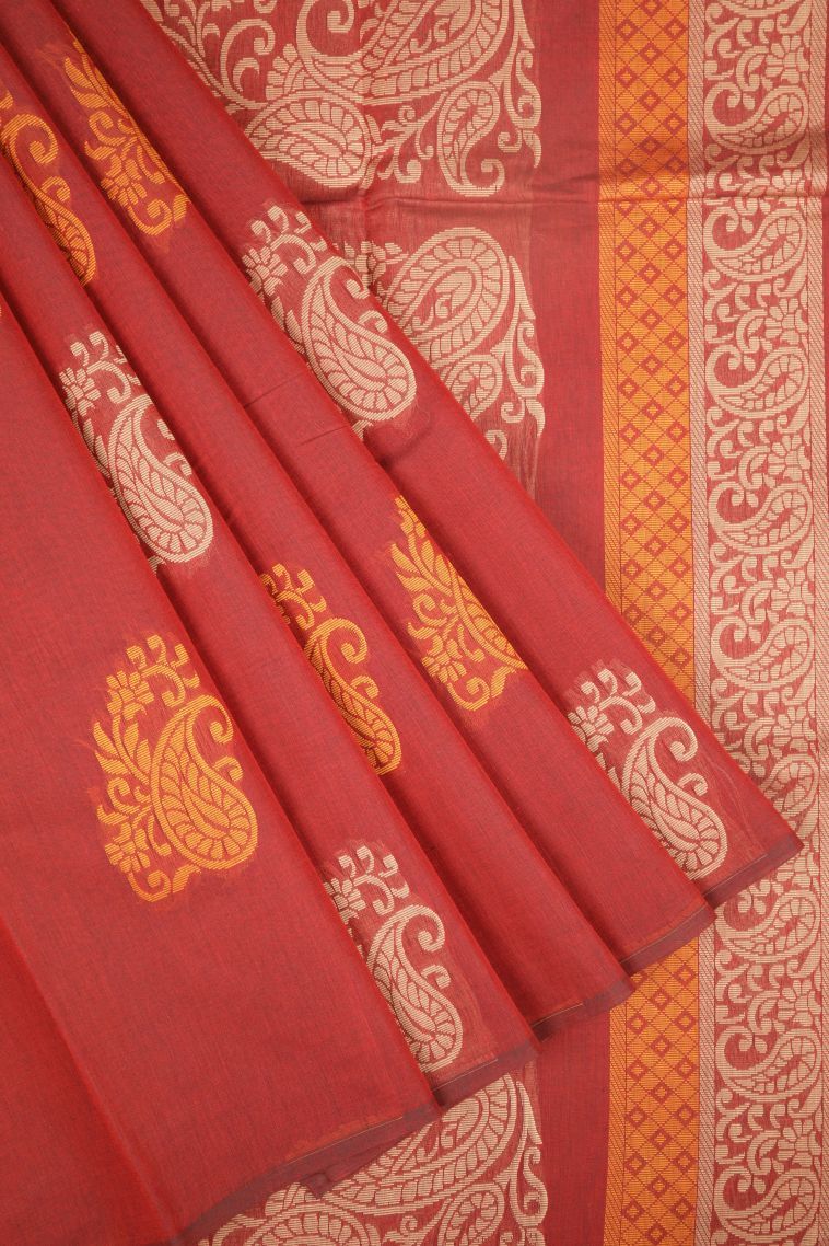 Blush Red Kovai Cotton Sarees with Without Zari Zari Buttis (small Dots Or Motifs) view 1