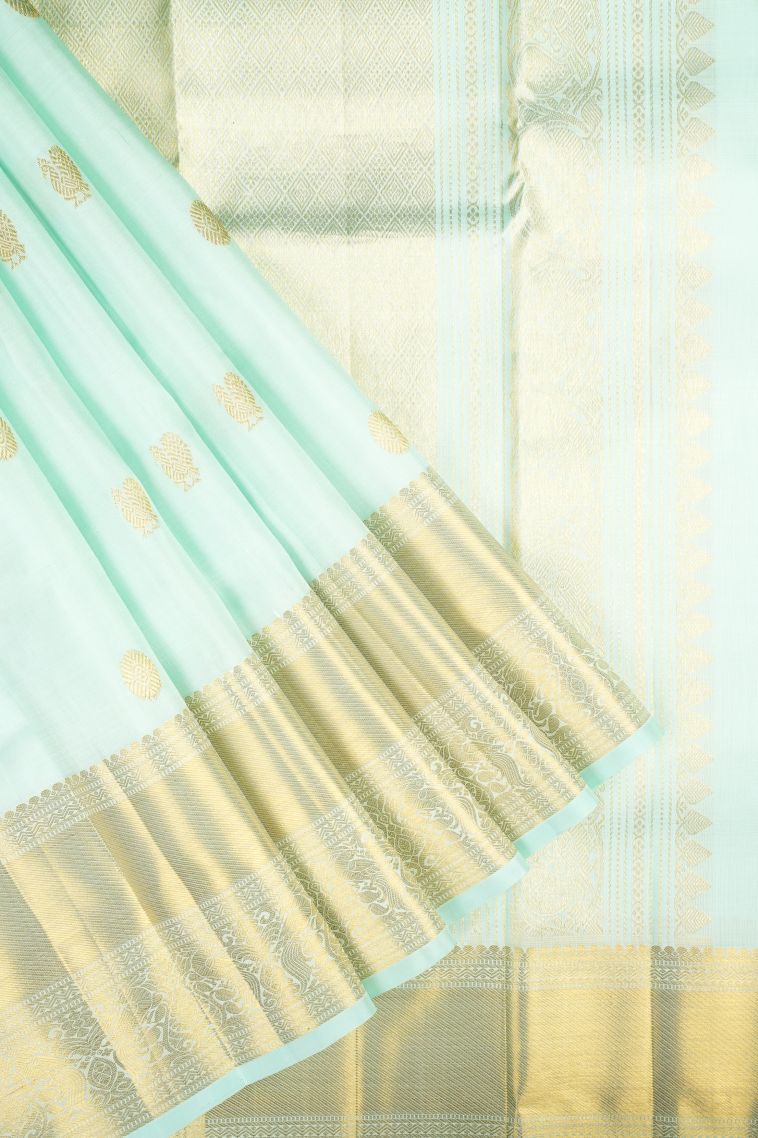Arctic Blue Kanchipuram Silk Sarees with Gold Zari Peacock Motifs view 1