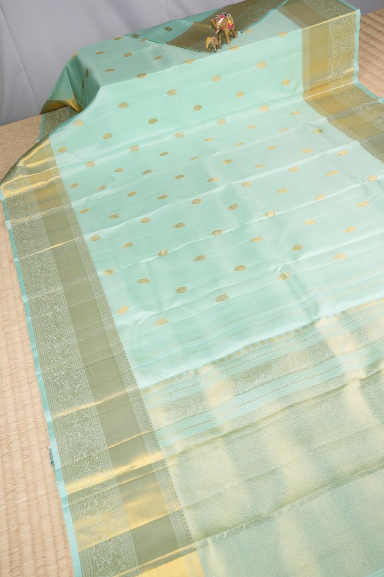 Arctic Blue Kanchipuram Silk Sarees with Gold Zari Peacock Motifs view 2