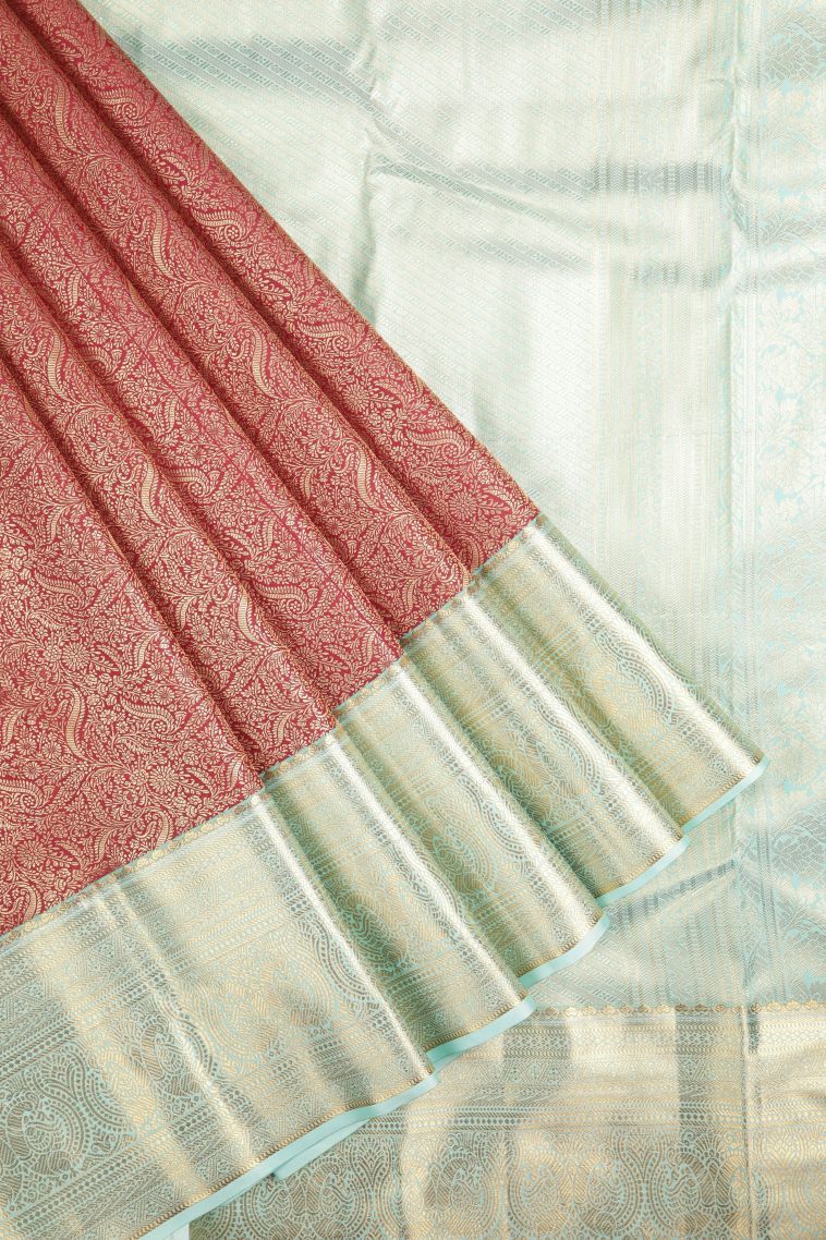 Berry Red Samudrika Pattu with Copper Zari Floral Patterns view 1