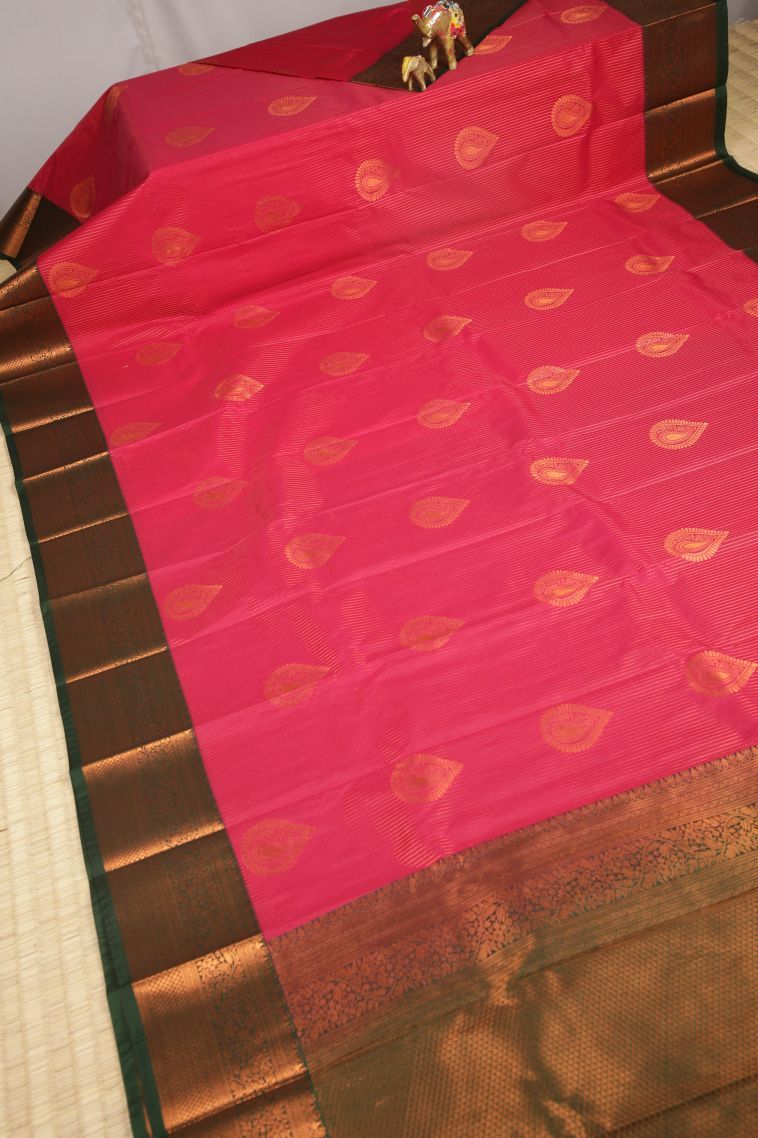 Hot Pink Visiri Madippu Silk Sarees with Copper Zari Stripes view 2