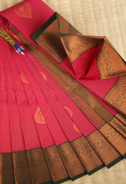 Hot Pink Visiri Madippu Silk Sarees with Copper Zari Stripes