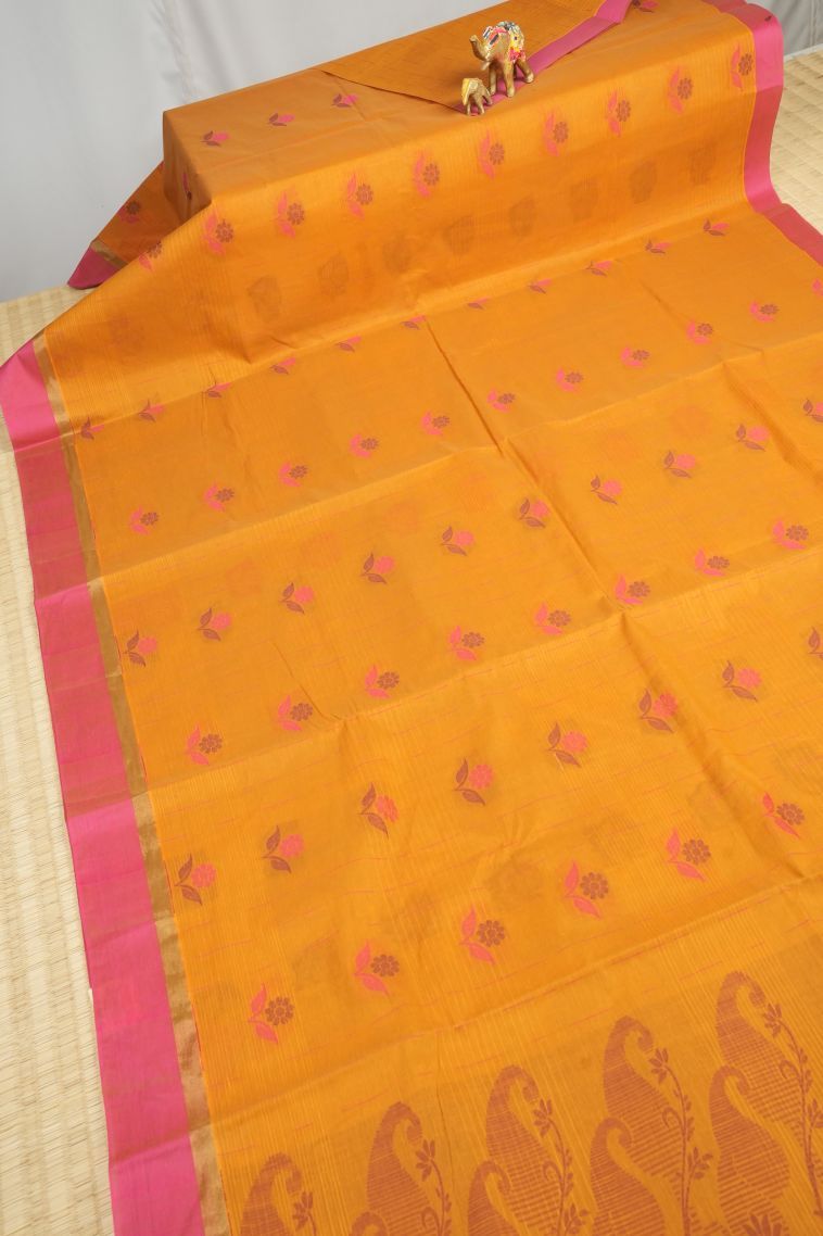 Amber Orange Kovai Cotton Sarees with Without Zari Zari Buttis (small Dots Or Motifs) view 2