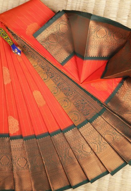 Strawberry Pink Visiri Madippu Silk Sarees with Copper Zari Stripes