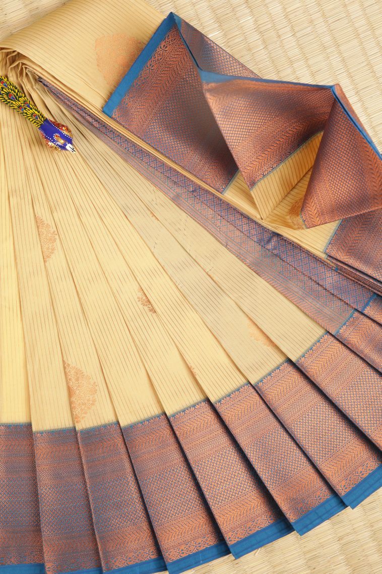 Cream White Visiri Madippu Silk Sarees with Copper Zari Stripes view 1