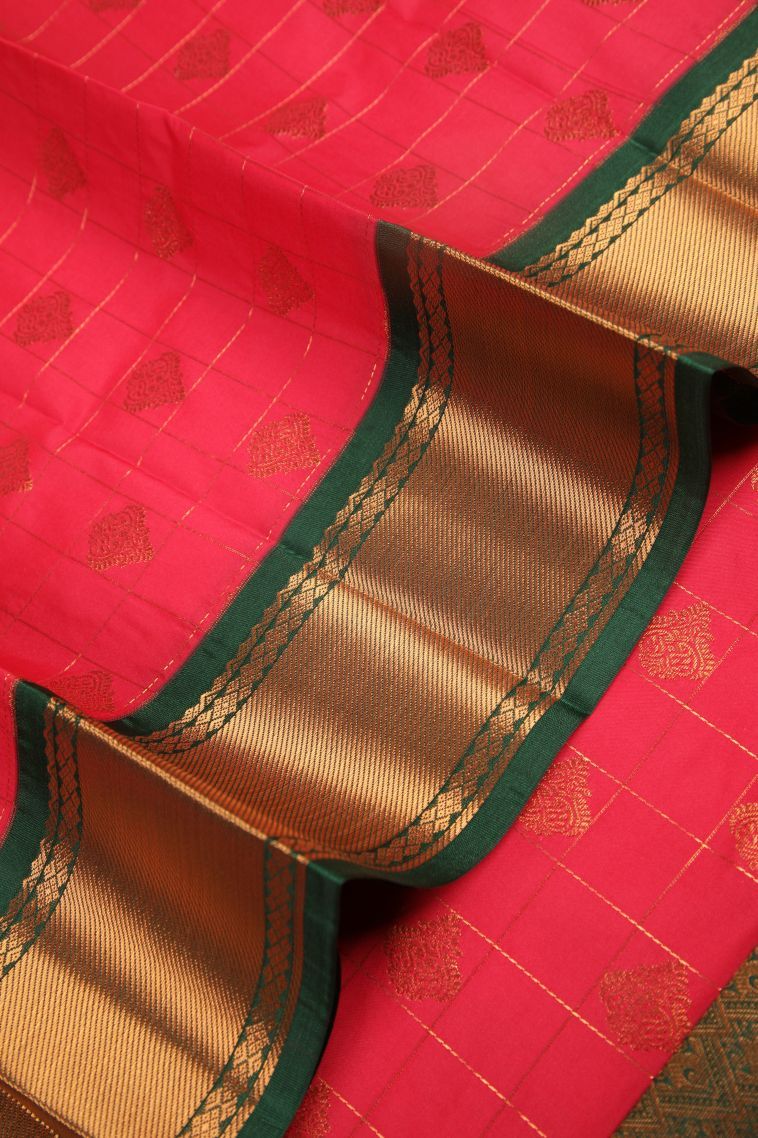 Bubblegum Pink Visiri Madippu Silk Sarees with Copper Zari Checks view 4