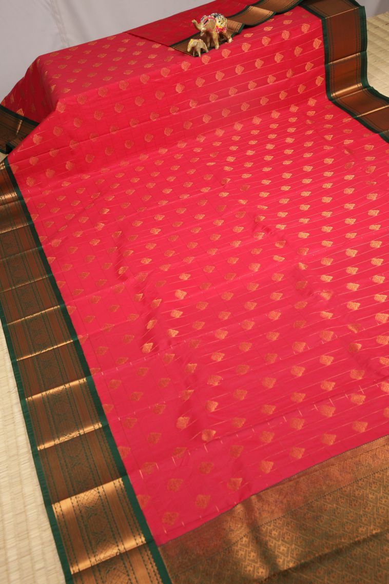 Bubblegum Pink Visiri Madippu Silk Sarees with Copper Zari Checks view 2