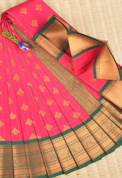 Bubblegum Pink Visiri Madippu Silk Sarees with Copper Zari Checks