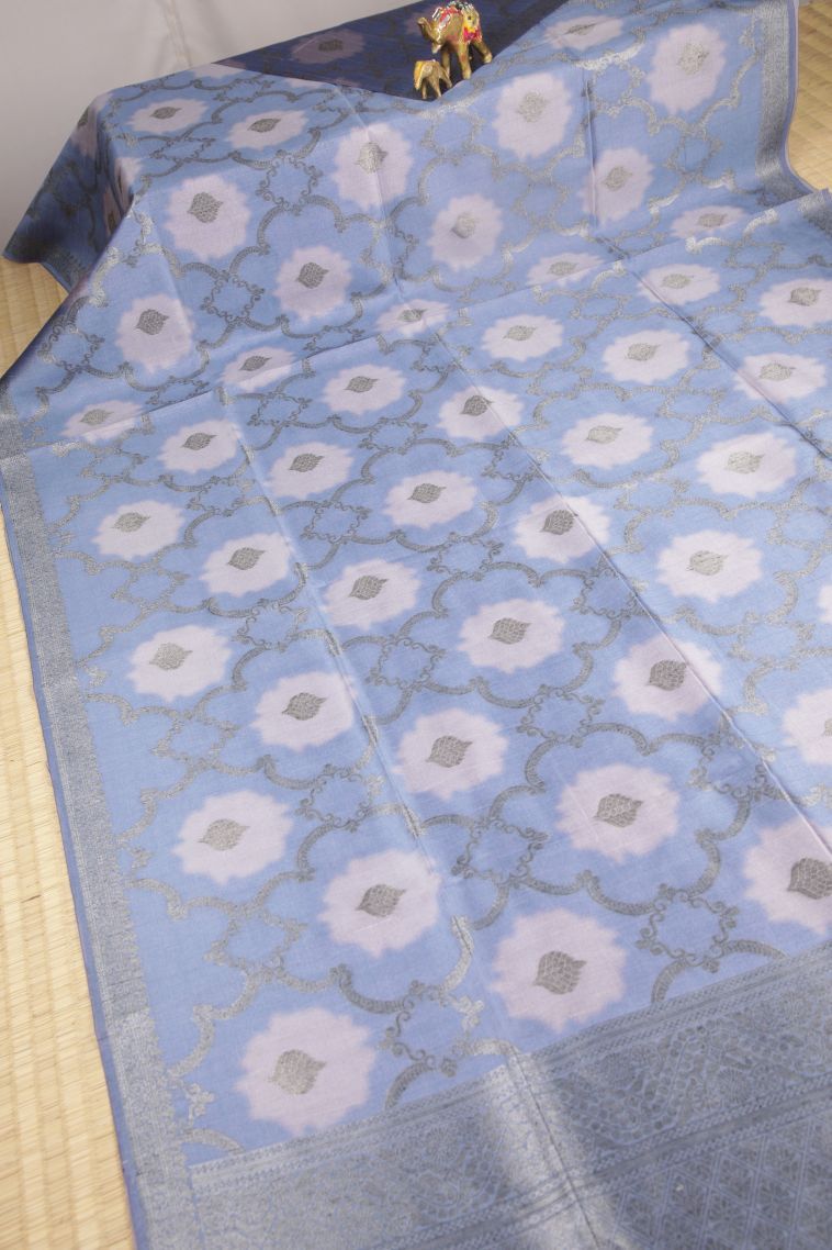 Daffane Blue Tussar Saree with Bronze Zari Floral Patterns view 2