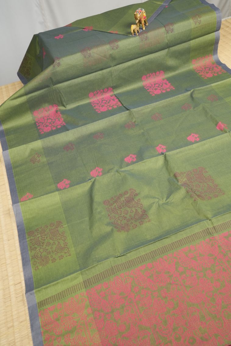 Forest Green Kovai Cotton Sarees with Without Zari Zari Buttis (small Dots Or Motifs) view 2