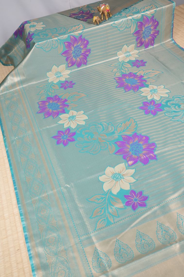 Arctic Blue Tissue Silk Sarees with Copper Zari Floral Patterns view 2