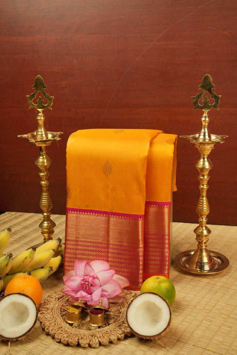 Gold Kanchipuram Silk Sarees with Gold Zari Buttis (small Dots Or Motifs) view 1