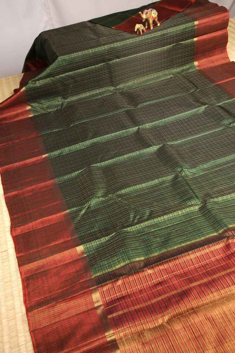 Bottle Green Kanchipuram Silk Sarees with Gold Zari Checks view 2