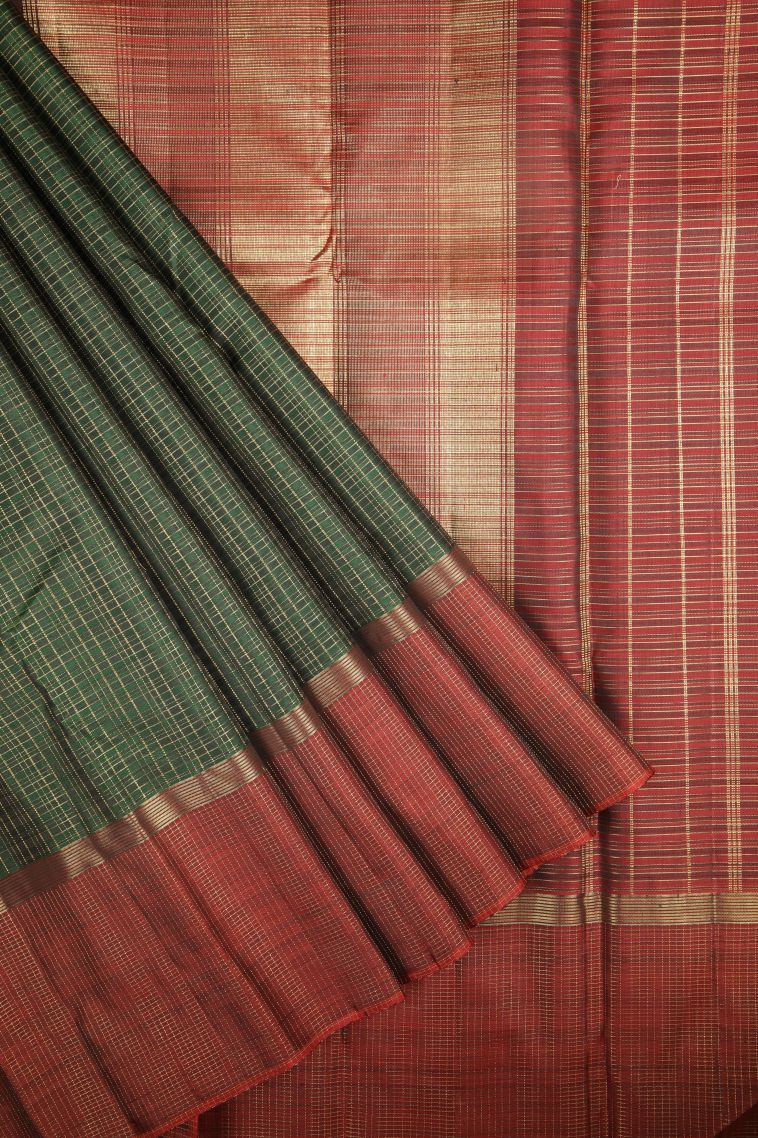 Bottle Green Kanchipuram Silk Sarees with Gold Zari Checks view 1