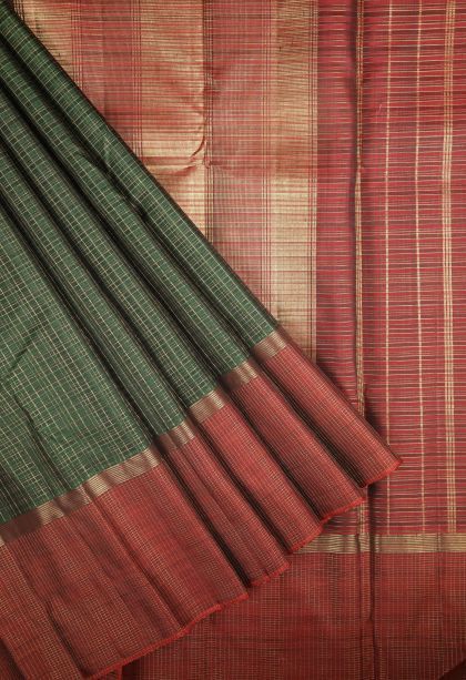 Bottle Green Kanchipuram Silk Sarees with Gold Zari Checks