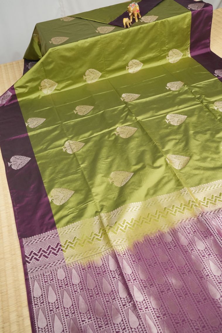 Olive Green Soft Silk Saree with Copper Zari Buttis (small Dots Or Motifs) view 2