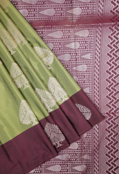 Olive Green Soft Silk Saree with Copper Zari Buttis (small Dots Or Motifs)