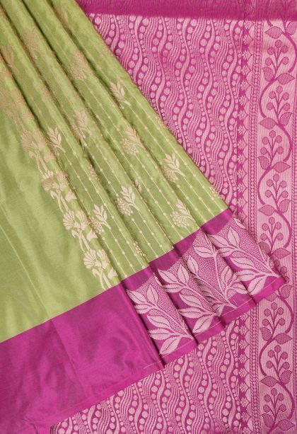 Olive Green Soft Silk Saree with Copper Zari Stripes