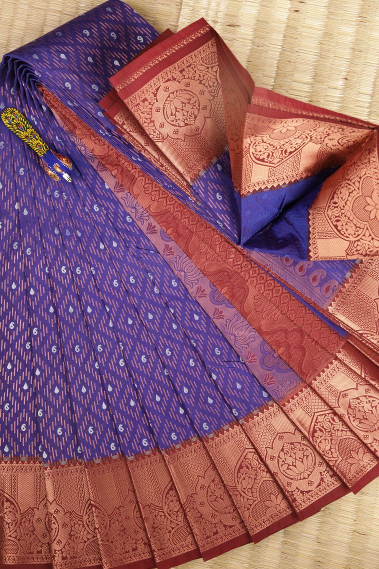 Lapis Blue Visiri Madippu Silk Sarees with Copper Zari Stripes view 1