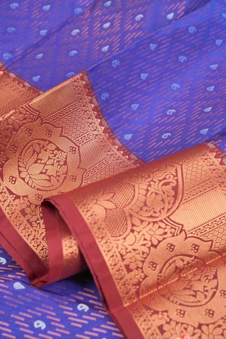 Lapis Blue Visiri Madippu Silk Sarees with Copper Zari Stripes view 4