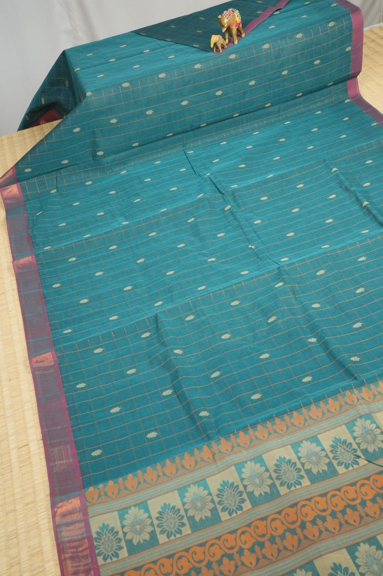 Ocean Blue Kovai Cotton Sarees with Without Zari Zari Checks view 2