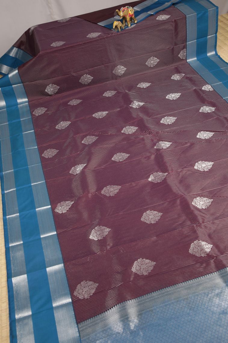 Mulberry Purple Visiri Madippu Silk Sarees with Silver Zari Stripes view 2