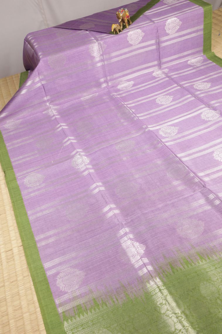 Lavender Purple Tussar Saree with Silver Zari Stripes view 2