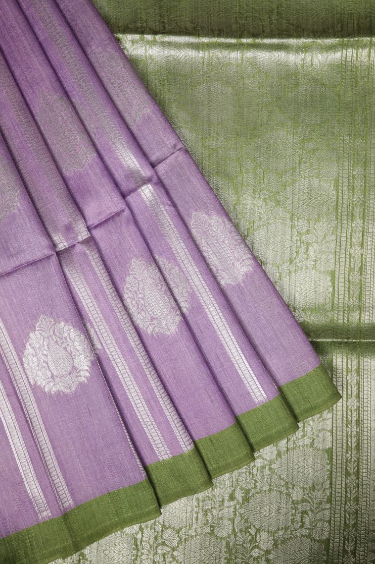 Lavender Purple Tussar Saree with Silver Zari Stripes view 1