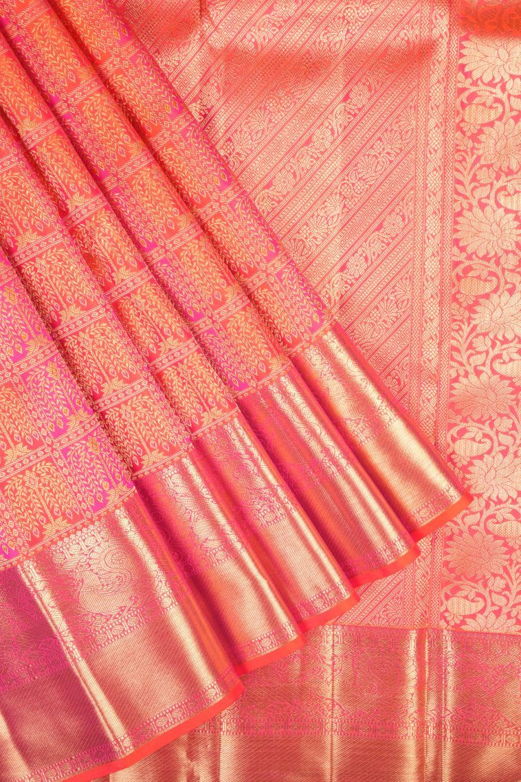 Strawberry Pink Kanchipuram Silk Sarees with Gold Zari Floral Patterns view 1