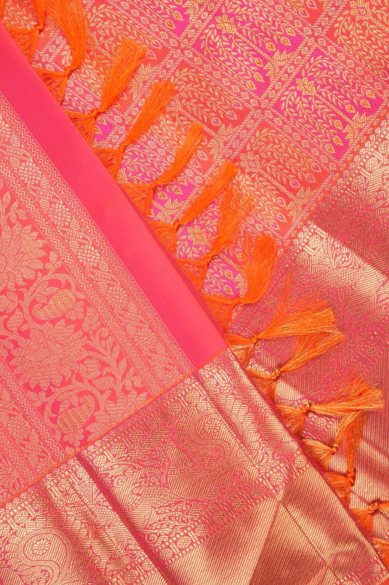 Strawberry Pink Kanchipuram Silk Sarees with Gold Zari Floral Patterns view 4