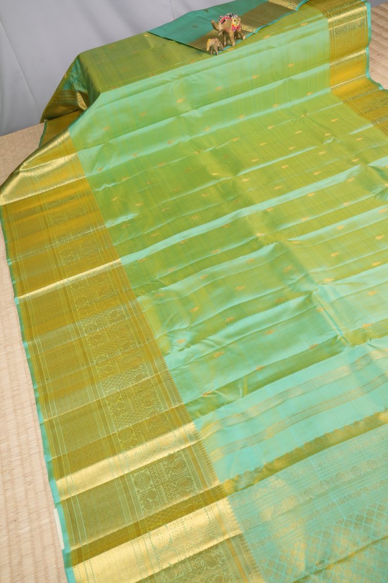 Mint Green Kanchipuram Silk Sarees with Gold Zari Buttis (small Dots Or Motifs) view 2