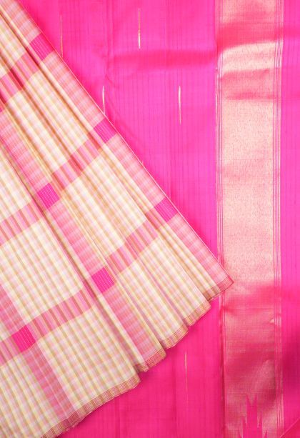 Bubblegum Pink Kanchipuram Silk Sarees with Without Zari Zari Checks