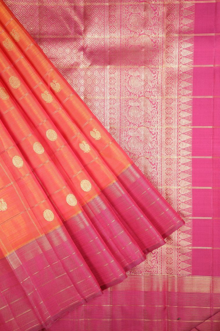 Amber Orange Kanchipuram Silk Sarees with Gold Zari Checks view 1