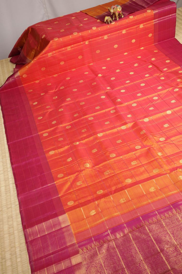 Amber Orange Kanchipuram Silk Sarees with Gold Zari Checks view 2