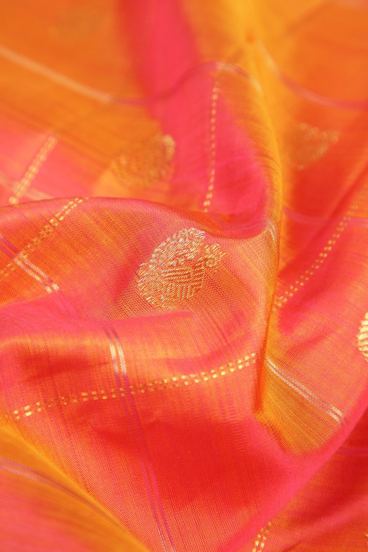 Amber Orange Kanchipuram Silk Sarees with Gold Zari Checks view 4
