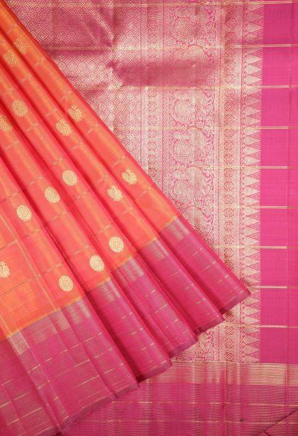 Amber Orange Kanchipuram Silk Sarees with Gold Zari Checks