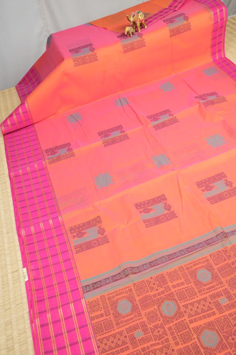 Peach Pink Kovai Cotton Sarees with Without Zari Zari Buttis (small Dots Or Motifs) view 2