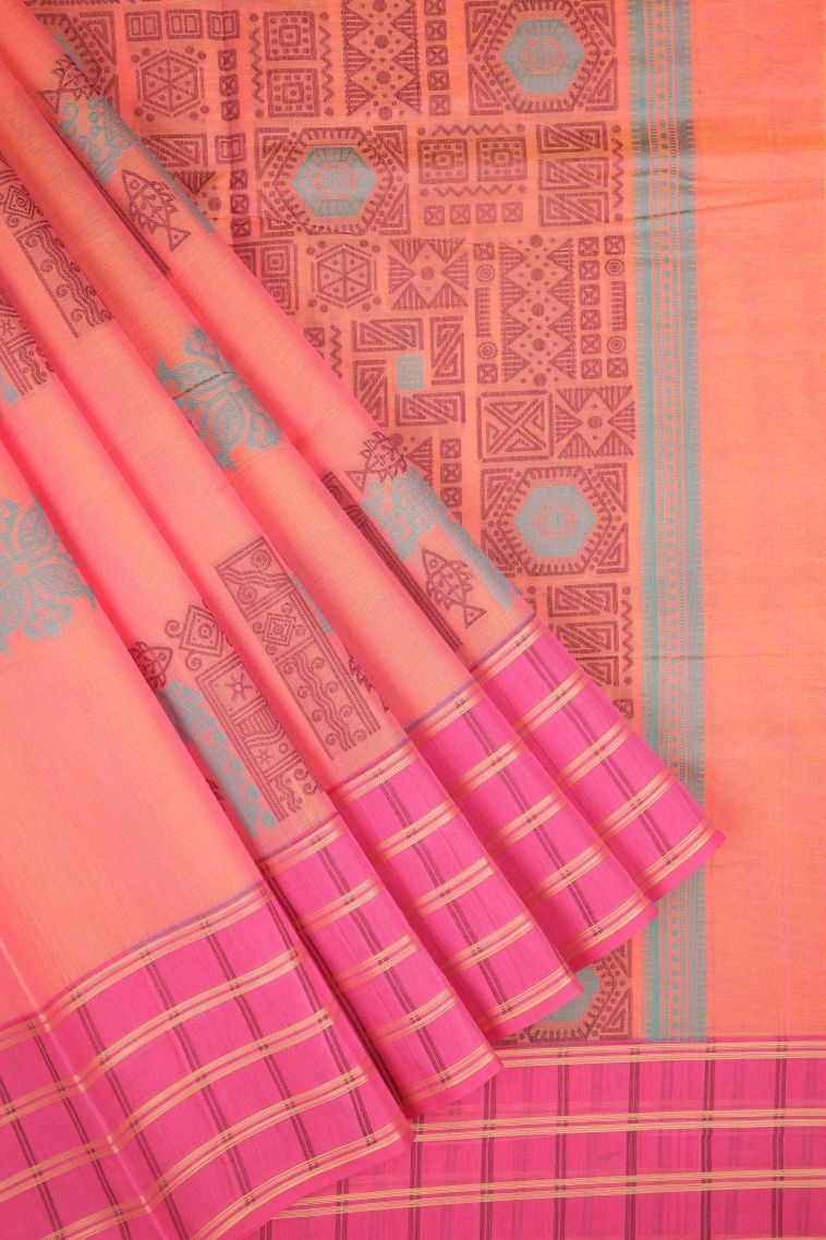Peach Pink Kovai Cotton Sarees with Without Zari Zari Buttis (small Dots Or Motifs) view 1