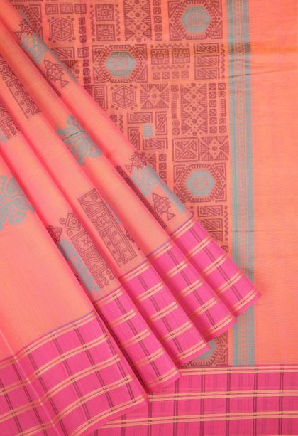 Peach Pink Kovai Cotton Sarees with Without Zari Zari Buttis (small Dots Or Motifs)